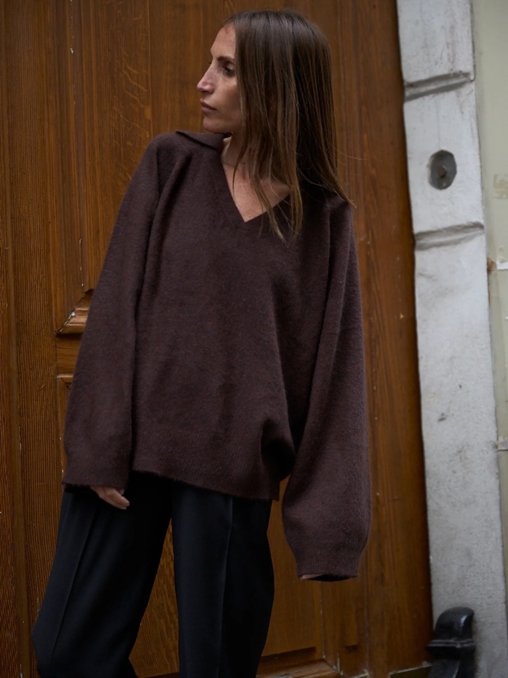 LouLou de Saison Oversized Black Cashmere Polo V-Neck Collared Sweater